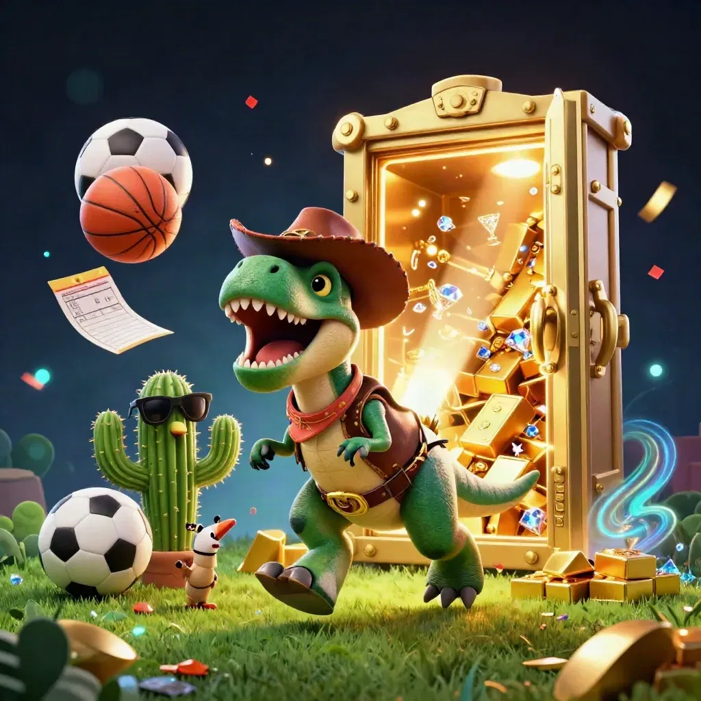 T-Rex koboi, sidekick kaktus, dan roadrunner di ledakan emas kasino bernuansa mistis.
