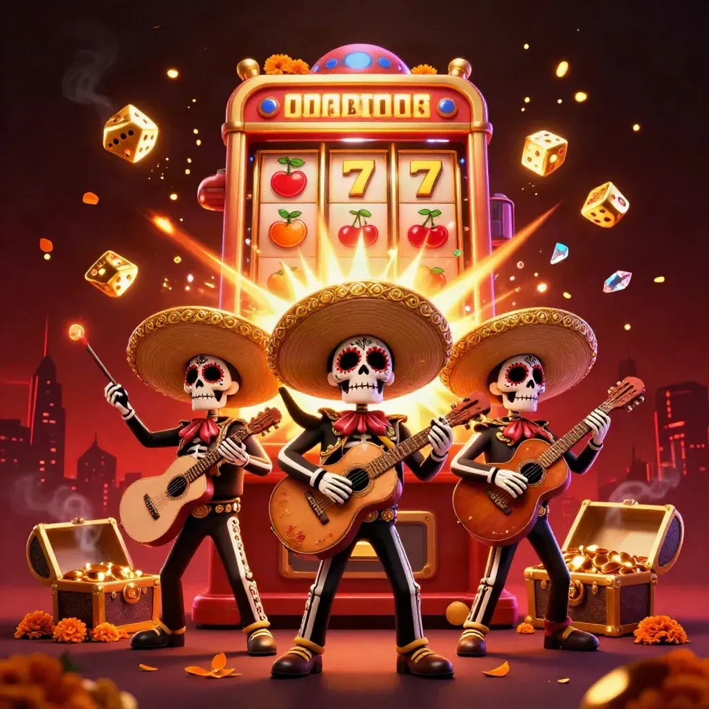 Tiga kerangka mariachi bergaya Day of the Dead dengan mesin slot meledak dan emas berhamburan