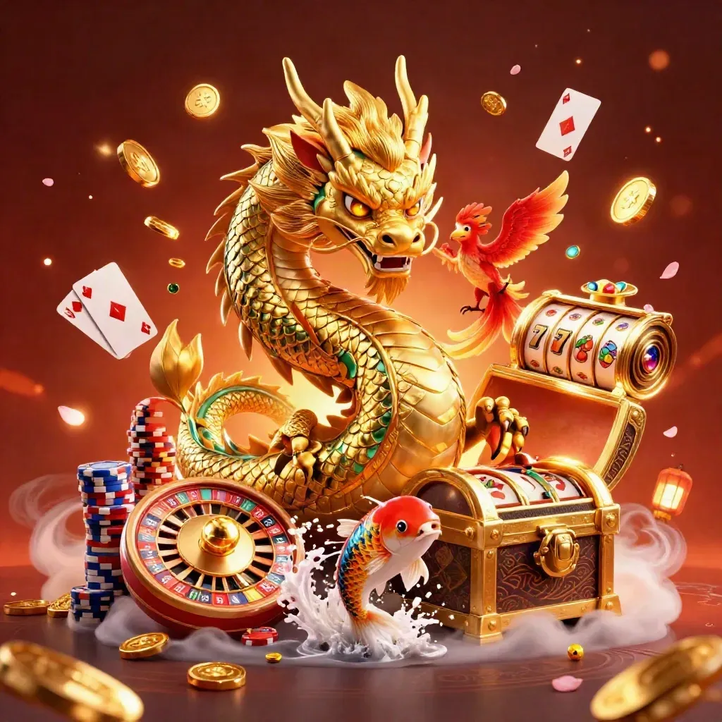 Naga emas mengitari peti harta, dengan burung phoenix merah dan koi, koin dan permata beterbangan.