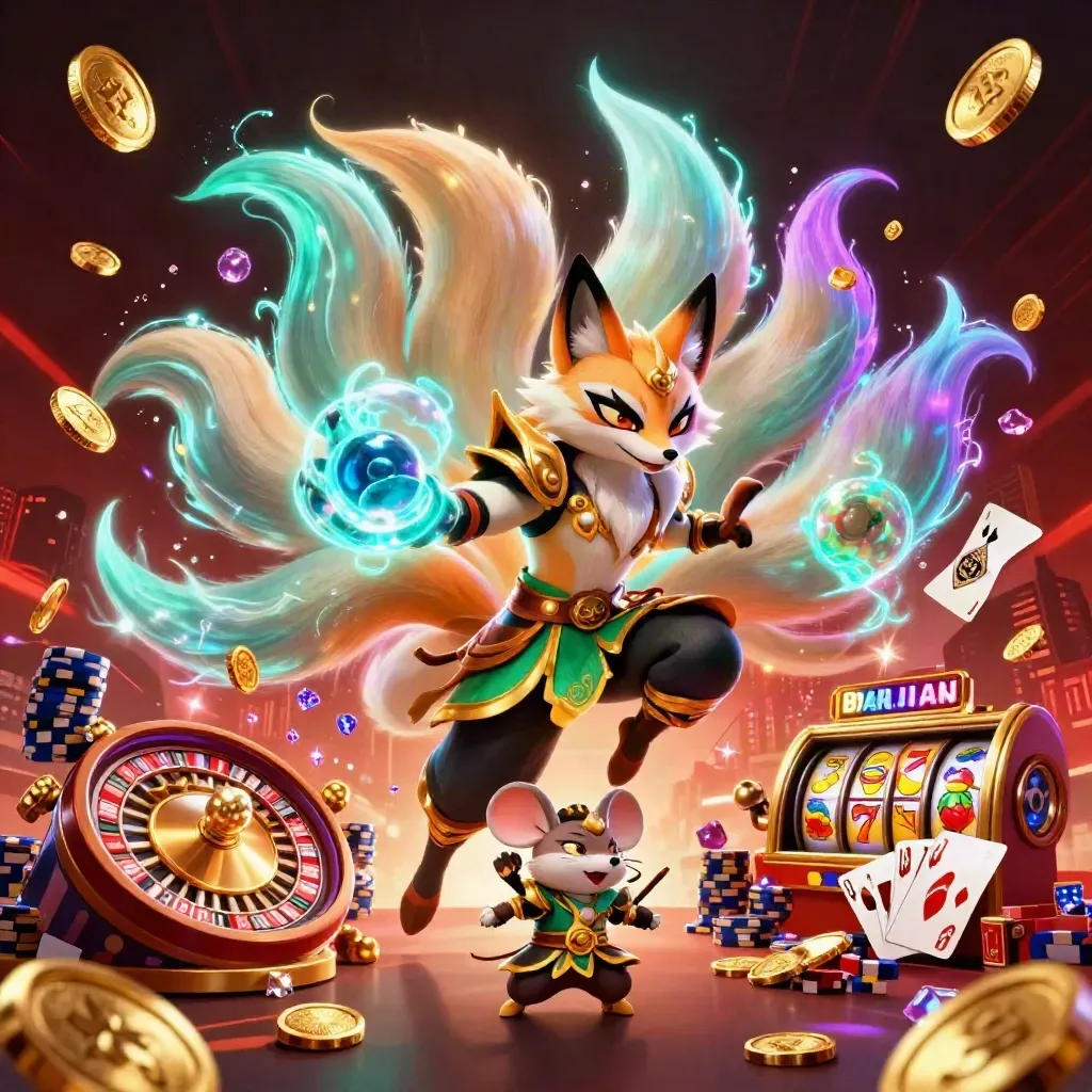 Rubah roh sembilan ekor dan tikus samurai emas dikelilingi koin, kartu, dan roulette neon.