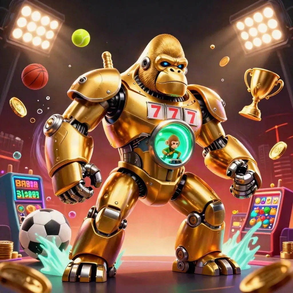 Gorila mech emas dengan pilot monyet kecil, dikelilingi bola olahraga, koin, dan cahaya mistis.